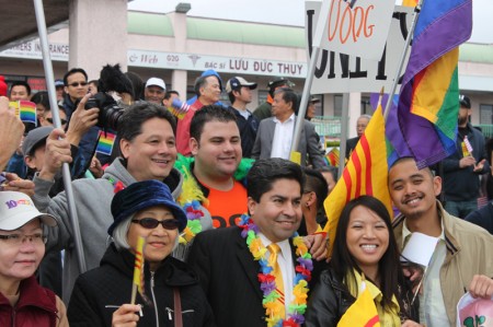 Jose Solorio standing with supporters of the Partnership of Vietnamese LGBT Organizations who were excluded from the 2013 Tet parade in Westminster. (Photo: Chris Prevatt)